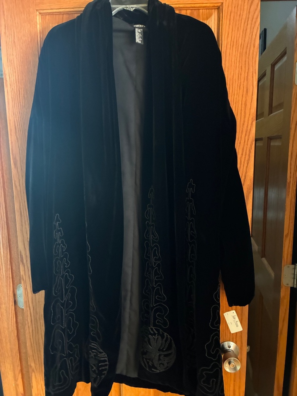 DKNY Black Velvet Embroidered Duster Coat